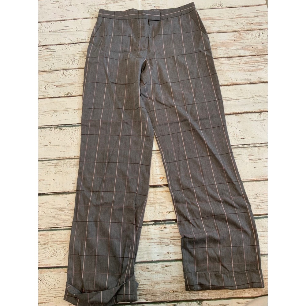 Bill Blass Vintage 90s Grey Pink Windowpane Plaid Wool Cuffed Trousers Pants 12